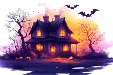 Obraz premium Haunted house illustration set in a spooky forest with bats flying overhead and eerie lighting ideal for Halloween themed designs or haunted house advertisements