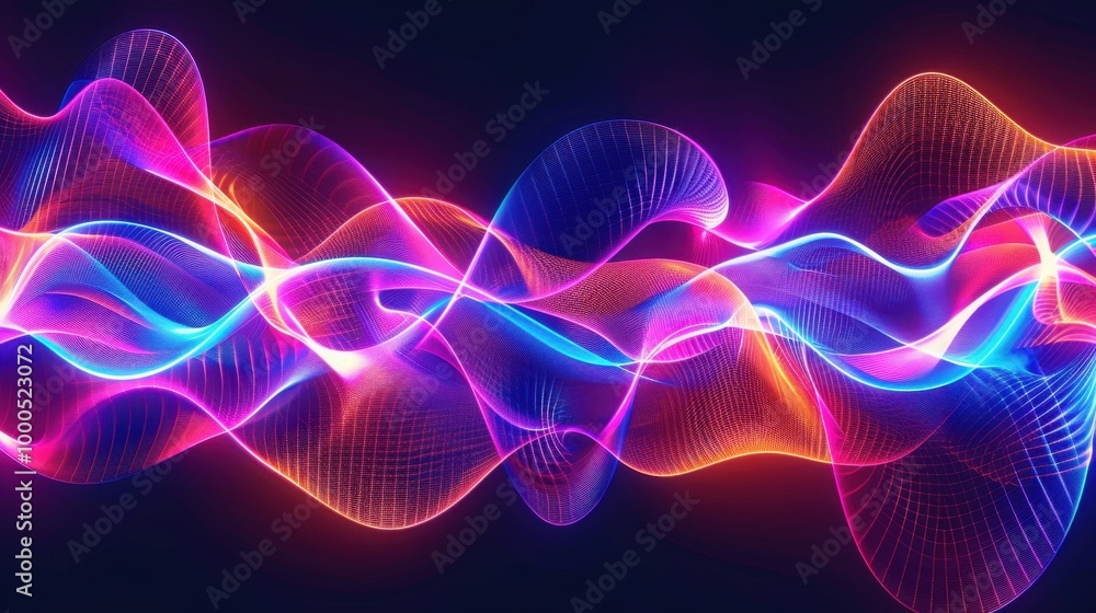 Poster neon laser light beams forming dynamic wave patterns on a dark background, creating a sense of movem