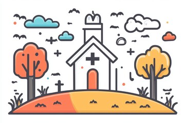 Stylized illustration of a church surrounded by autumn trees and a peaceful landscape evoking a calm fall atmosphere perfect for seasonal greeting cards or Thanksgiving designs