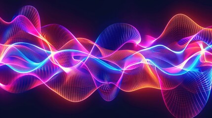 Fototapeta premium Neon laser light beams forming dynamic wave patterns on a dark background, creating a sense of movement and energy