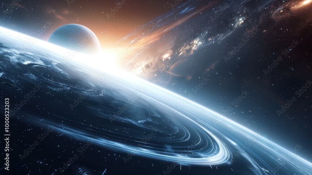 Poster pulsing curves of light swirling around a distant planet in space, with stars and cosmic dust shinin