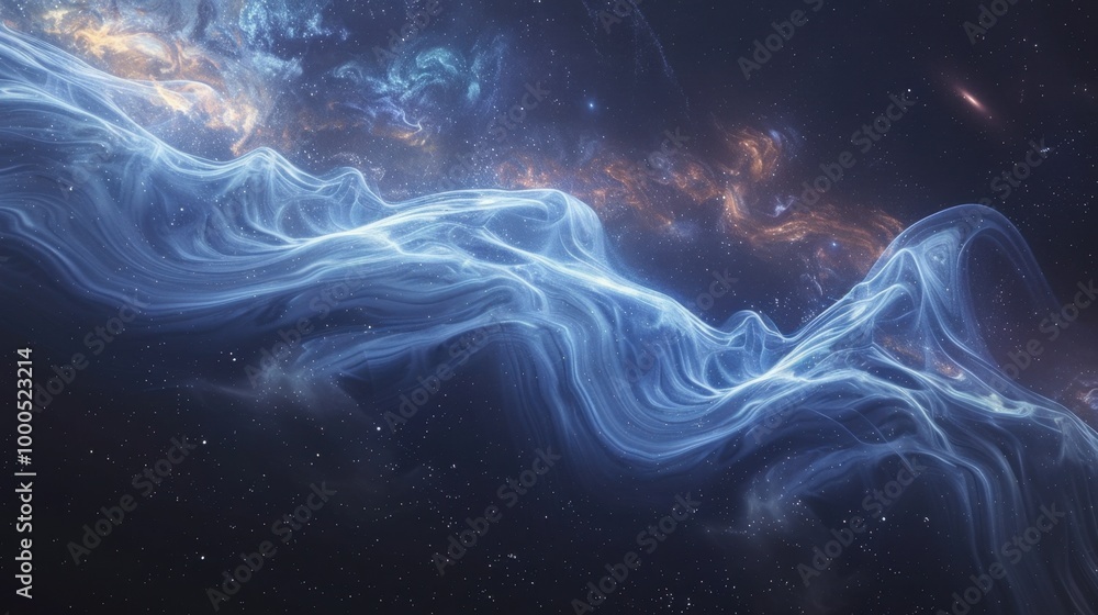 Poster pulsing curves of light weaving through the vastness of space, with a cosmic backdrop filled with st