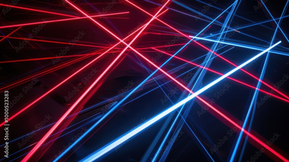 Poster red and blue laser beams crossing each other, forming dynamic and sharp lines of light against a bla
