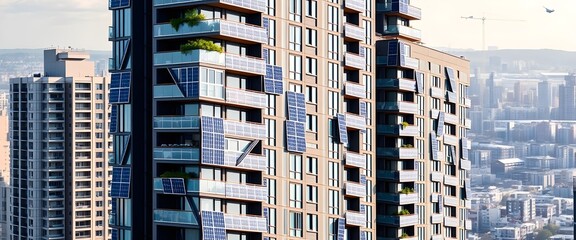 Fototapeta premium Sustainable High-Rise Apartment Building with Solar Panels