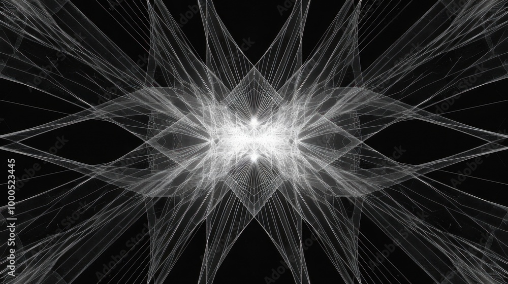 Poster simple black and white geometric pattern with thin lines forming a symmetrical design, ideal for min