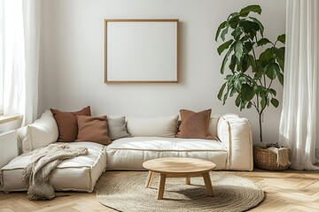 Cozy living room with neutral decor and plants.