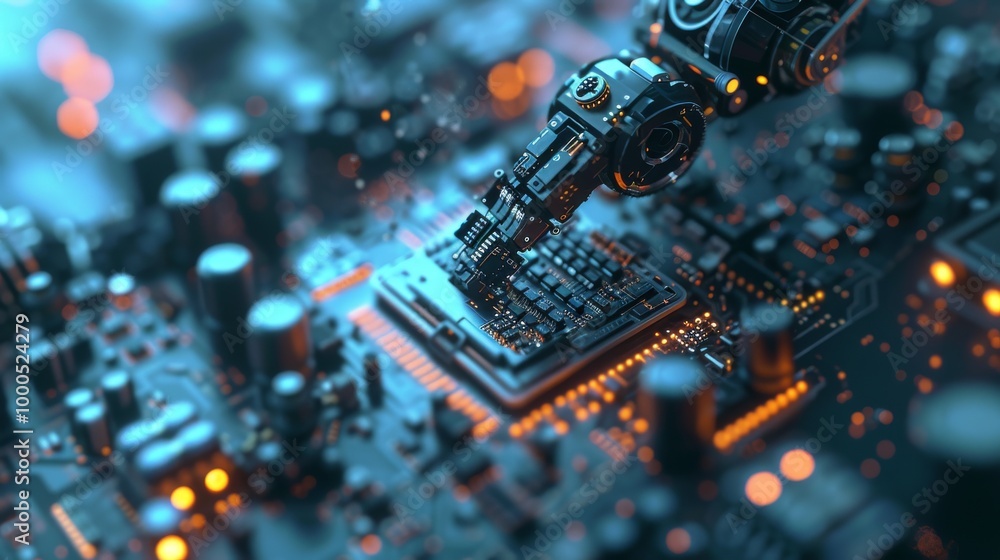 Poster a close-up of a robotic arm accurately positioning a microchip onto a circuit board. warm orange and