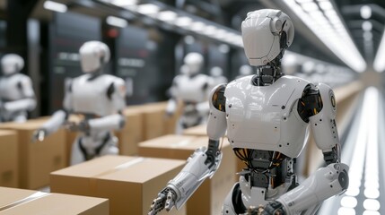 Fototapeta premium A line of humanoid robots handles packages on a conveyor belt in a fully automated industrial facility. The image represents innovation in manufacturing and logistics, highlighting the role of AI and