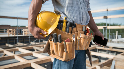 A man wearing a yellow hard hat and holding a cell phone. He is wearing a belt with tools on it