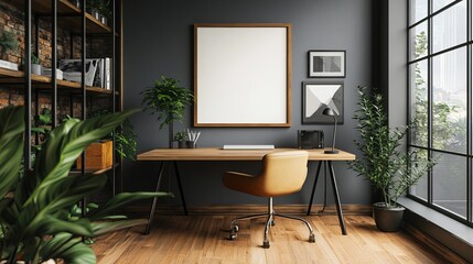 3D render of a mockup frame in a mid-century modern loft setting, used as the background for a home office.