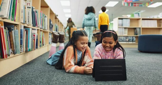 Excited, children and tablet with library, e learning and online games for language, maths and studying. Kids, tech and knowledge for entertainment, development and education for growth, play and fun