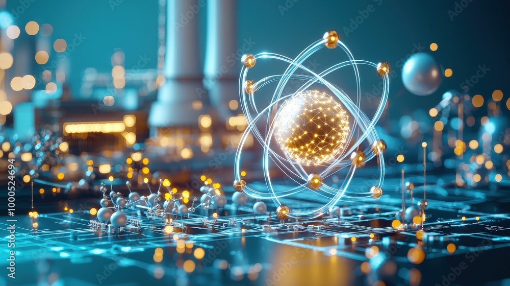 Poster abstract atomic model with digital interface background