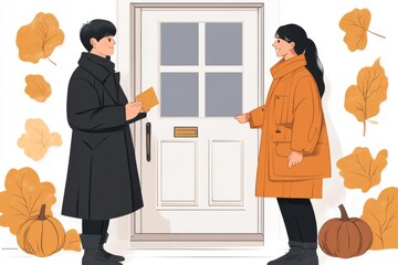 Two people standing in front of a door during a Halloween trick or treating event perfect for festive community designs holiday event posters or seasonal promotions