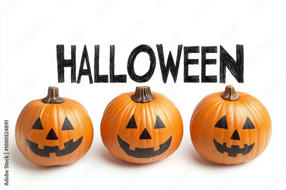Poster trio of carved jack o lanterns arranged in a row with bold “halloween” text above creating a perfect