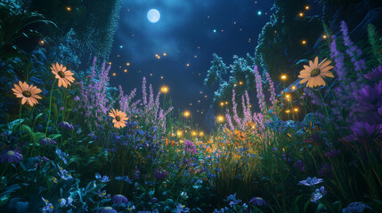 A dreamy, highly detailed nighttime garden with photorealistic flowers that bloom only under moonlight, emitting a soft, natural glow surrounded by realistic floating fireflies