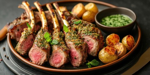 Top View of Herb-Crusted Rack of Lamb Served with Mint Sauce and Roasted Potatoes on a Rustic Plate