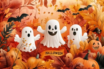 Obraz premium Cute Halloween ghosts standing amidst autumn leaves with bats and pumpkins creating a friendly festive atmosphere with vibrant fall colors and playful Halloween characters