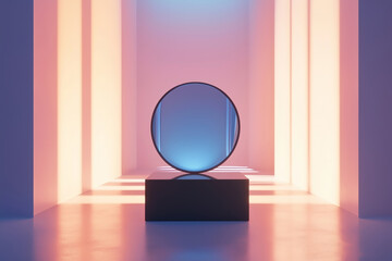 A stylized mirror reflecting soft light beams in an futuristic room