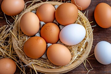 A basket of fresh organic eggs, resting on a rustic wooden table with straw, showing their natural textures and colors