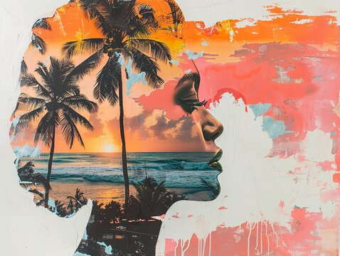 Silhouette of a Woman Dreaming of a Tropical Sunset Beach