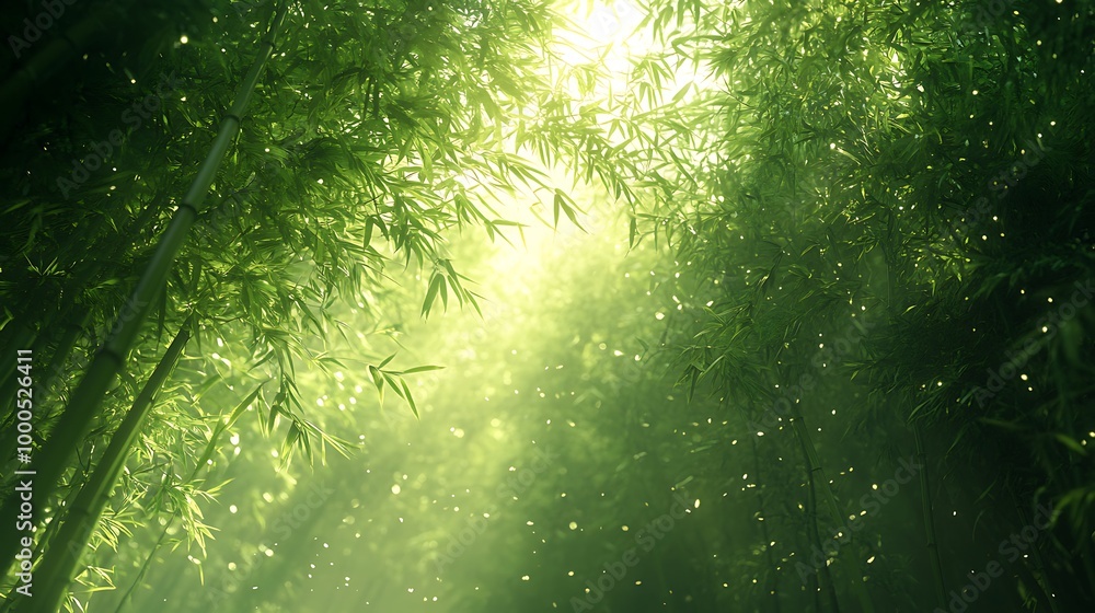 Poster sunlight filtering through dense bamboo forest, creating a magical, ethereal atmosphere.