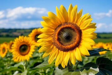 Fototapeta premium A field of organic sunflowers, their bright yellow petals reaching toward the sky, set against a backdrop of blue skies and rolling fields