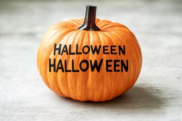 Obraz premium Halloween pumpkin resting on a stone surface featuring carved Halloween text and a natural rustic design with subtle festive elements and muted colors for an understated holiday display