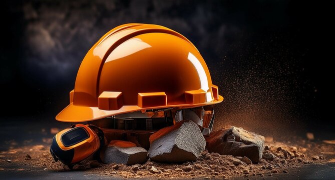 Equipo de protecci&oacute;n personal, casco de seguridad industrial naranja sobre rocas y polvo 