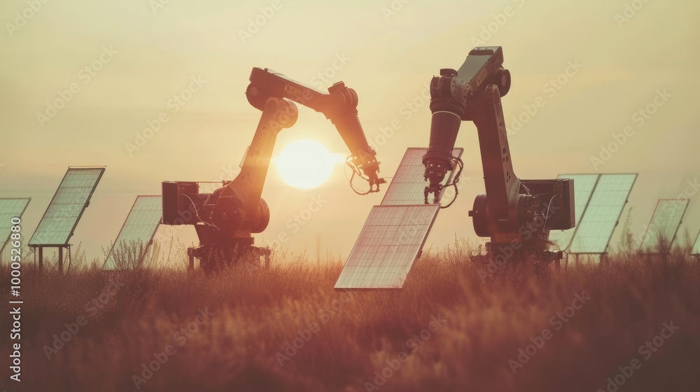 Wall mural two robotic arms work together in a serene sunset landscape, adjusting solar panels. the scene highl