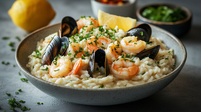 Exquisite seafood risotto served in a deep bowl, showcasing shrimp, mussels, clams, and vibrant herbs with lemon accents