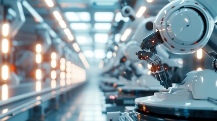 Fototapeta premium A close-up view of robotic arms working in an advanced automated factory. The scene showcases cutting-edge technology with a futuristic design, highlighting efficiency and innovation in industrial