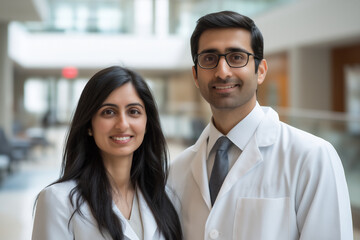 Male and female doctors in bright clinic