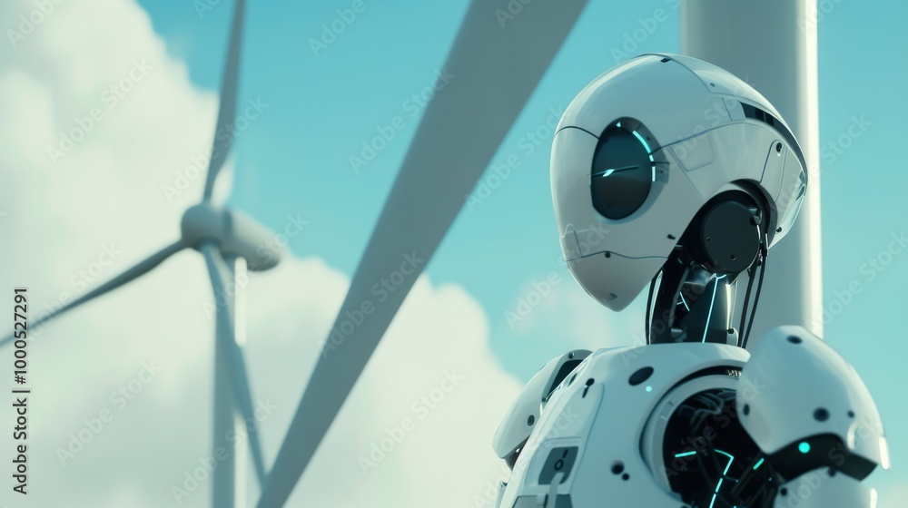 Poster a sleek white humanoid robot stands in front of wind turbines under a clear blue sky, symbolizing th