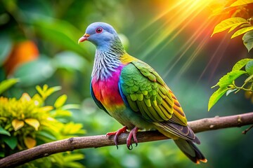 Fototapeta premium Stunning Fruit Dove Perched on a Branch Surrounded by Lush Greenery in a Tropical Paradise Scene