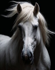 professional photo of white horse front view in a dark room black background