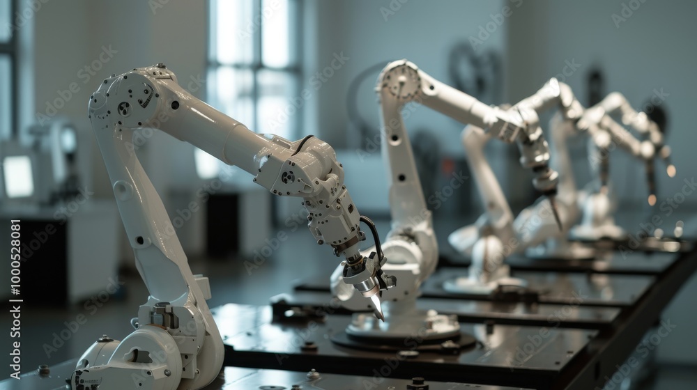 Poster a row of sleek, white robotic arms operates on an assembly line in a clean, modern factory environme