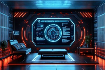 Fototapeta premium Futuristic lounge with a high-tech interface display.