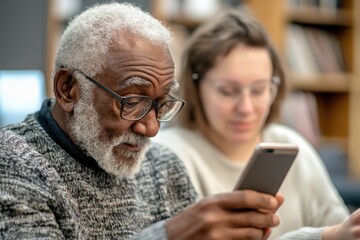 Obraz premium Senior man learning to use a smartphone, with a patient tutor guiding him through the features in a tech class