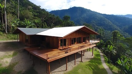 Modern Wooden Cabin with Deck in Tropical Rainforest Mountain Landscape