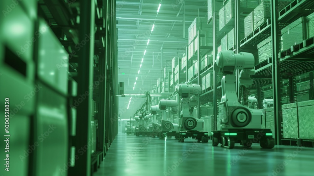 Aufkleber a futuristic warehouse filled with robotic systems operating in unison under green ambient lighting.