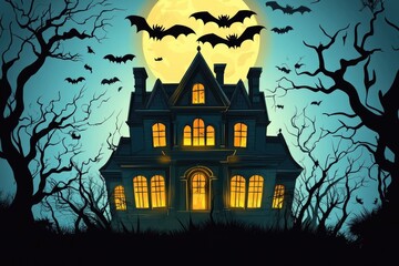 A spooky Halloween flyer idea showcasing a haunted mansion with glowing windows, surrounded by twisted trees and bats flying across a full moon