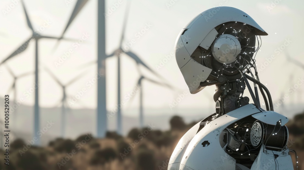 Poster a humanoid robot gazes at a landscape of wind turbines, representing the intersection of advanced ro