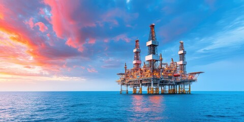 Offshore Oil Platform at Sunset with Beautiful Sky