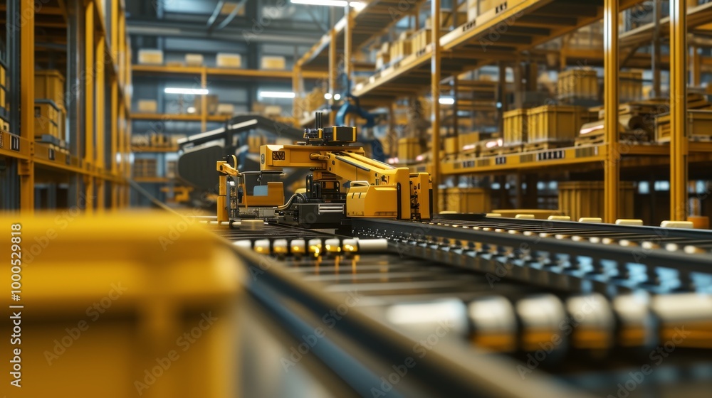 Poster a close-up of a robotic arm working in a high-tech automated warehouse. the machine efficiently move