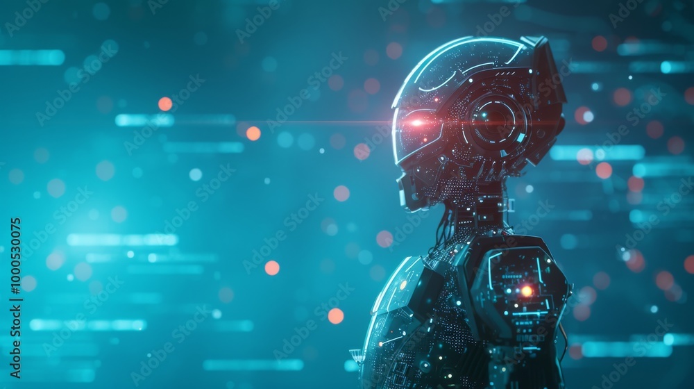 Poster a close-up side profile of a sleek, futuristic robot head with a glowing red eye, set against a digi