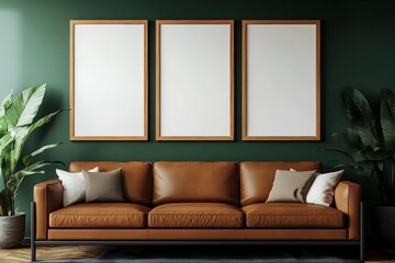 Set of Three Vertical Wooden Frame Mockups in an Elegant Dark Green Home Interior with a Rich Brown Leather Sofa and Stylish Decor Elements – Realistic 3D Render for Art and Design Showcases