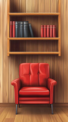 Red Leather Armchair in a Cozy Wooden Room with Empty Shelves design