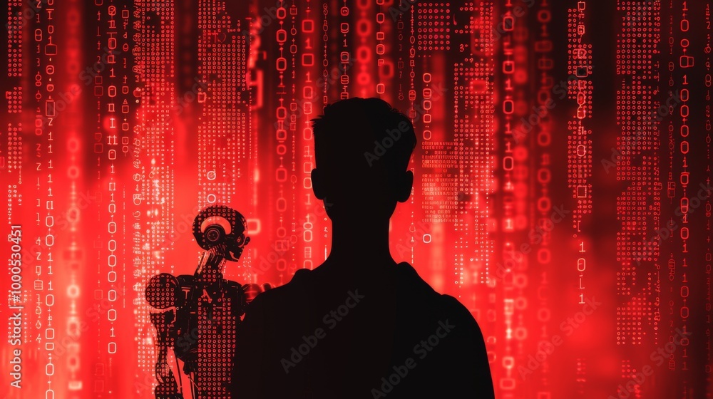 Poster the silhouettes of a human and a robot stand before a red matrix-like digital background, highlighti