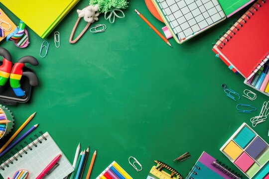 Top view of school supplies on a green background, back to school theme with copy space