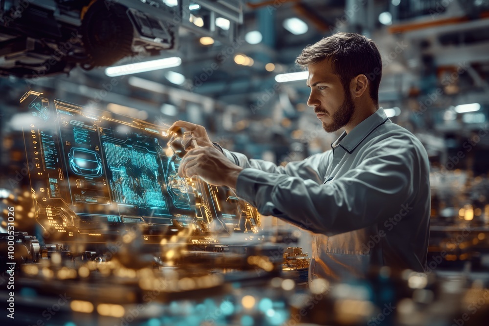 Poster very realistic and photographic photo of an engineer working with advanced holographic interfaces in